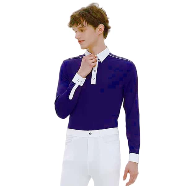 Men's purple riding shirt with white collar and technical design