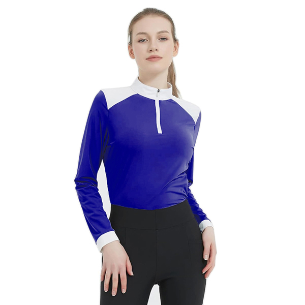 Women's blue riding shirt with white collar and technical design