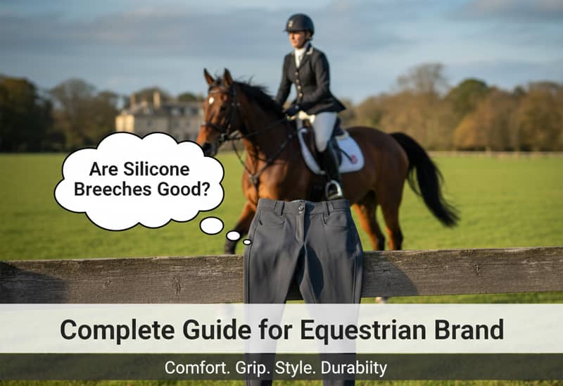 Professional equestrian rider wearing silicone grip breeches while training on horseback demonstrating superior seat stability and comfort