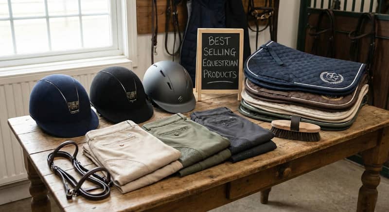 Collection of best selling equestrian products including helmets breeches and saddle pads
