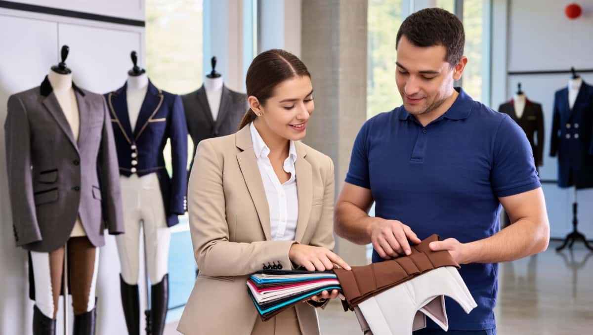 Custom equestrian apparel manufacturing A designer and a factory manager discussing fabric swatches