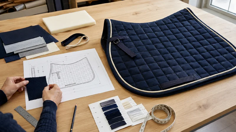 A workspace showing a quilted navy equestrian saddle pad, fabric swatches, design sketches, and sewing tools on a wooden surface.