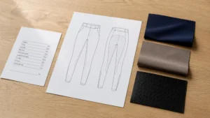 Illustration of pants design on paper accompanied by fabric swatches in navy, beige, and black, laid out on a wooden surface.